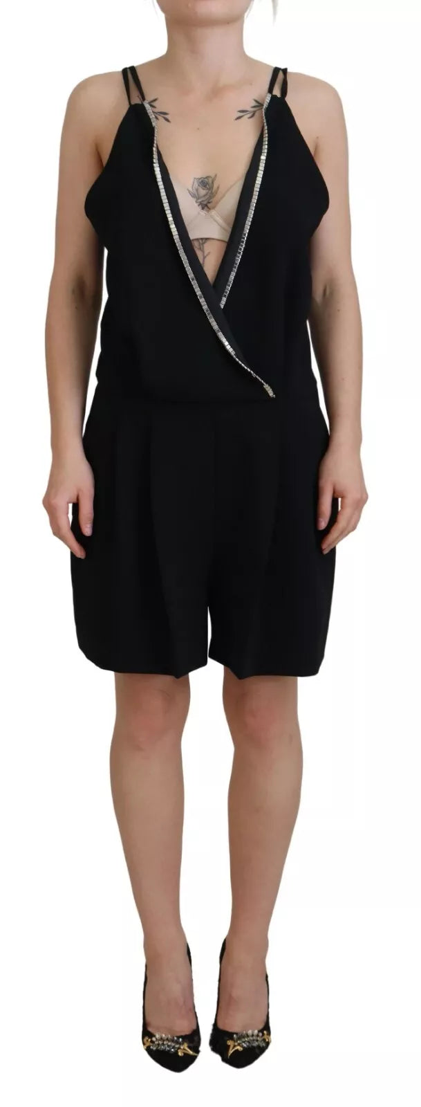 Dsquared² Schwarzes, verziertes, ärmelloses Jumpsuit-Kleid mit V-Ausschnitt