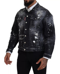 Dsquared² – Graue Jeansjacke mit durchgehenden Knopftaschen und Batikmuster