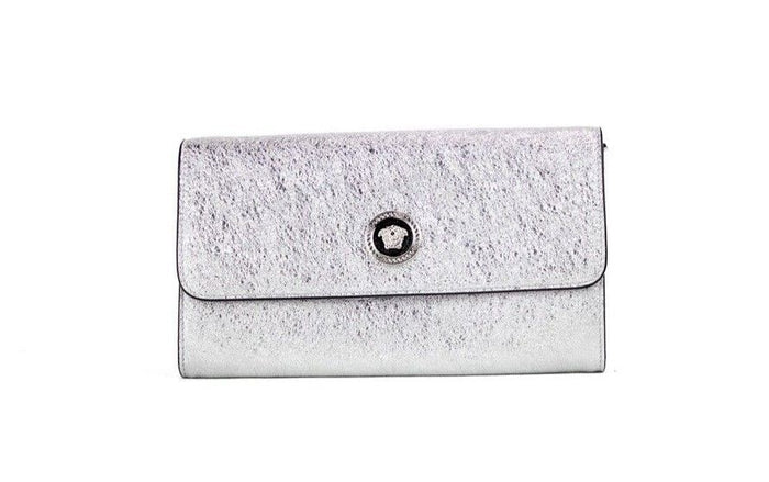 Versace Small Metallic Silver Lamb Leather Medusa Clutch Crossbody Wallet Bag