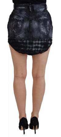 Dsquared² Black Checkered High Waist A-line Denim Mini Skirt