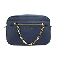 Michael Kors Jet Set Large East West Navy Leather Zip Chain Crossbody Bag Purse