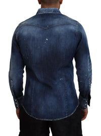 Dsquared² Blue Washed Goth Surfer Print Men Denim Shirt