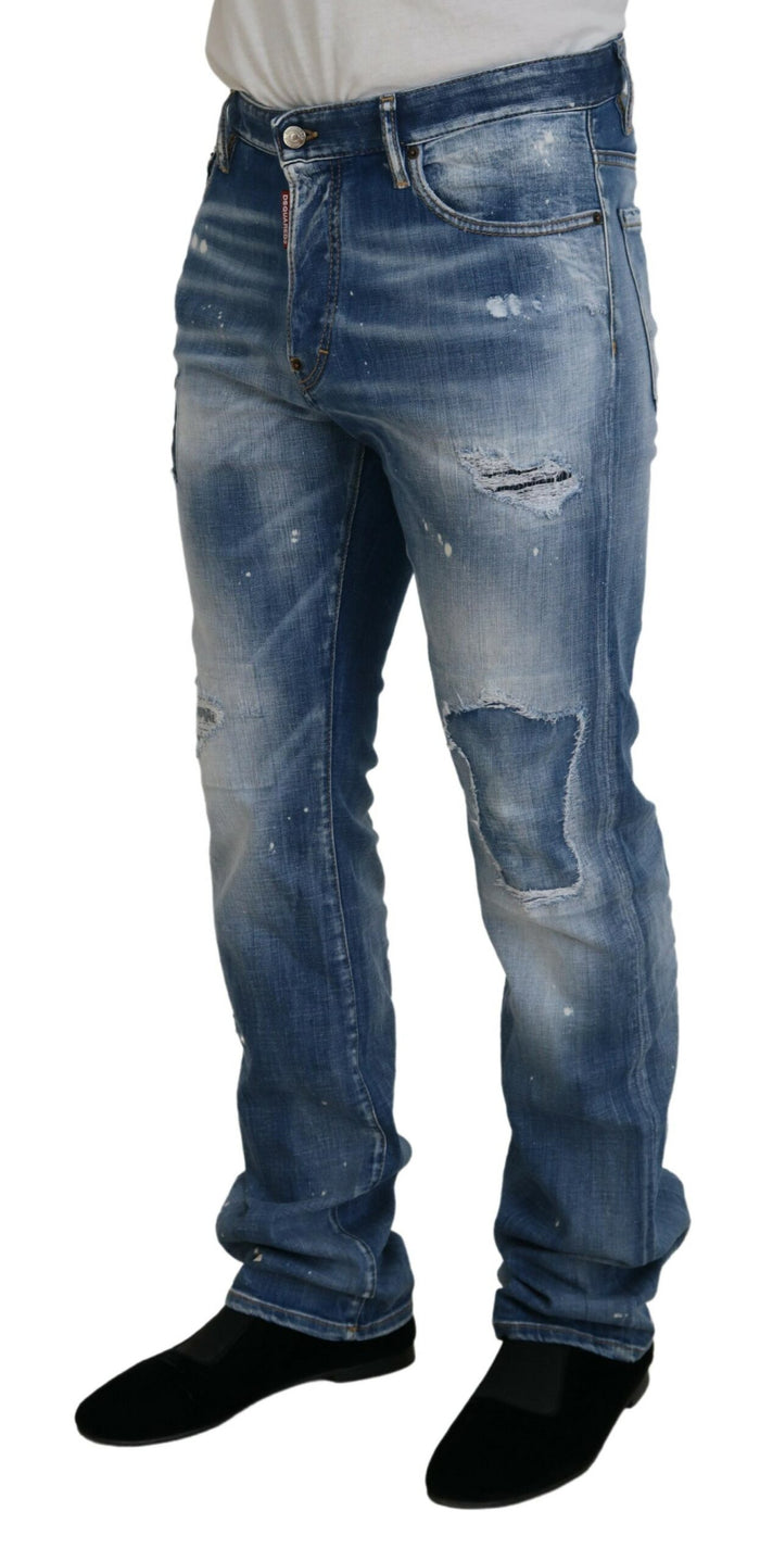 Dsquared² Blue Washed Tattered Straight Fit Casual Denim Jeans