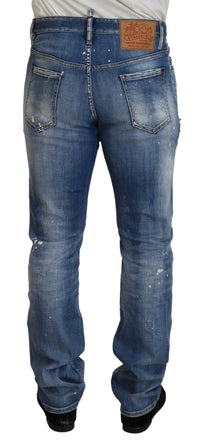 Dsquared² Blue Washed Tattered Straight Fit Casual Denim Jeans