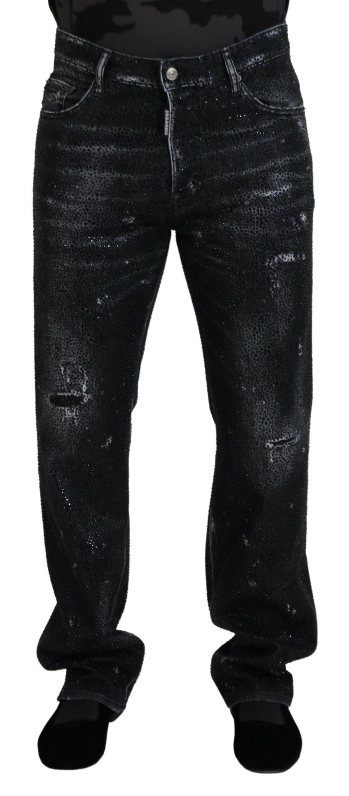 Dsquared² Black Crystal Embellished Tattered Denim Jeans