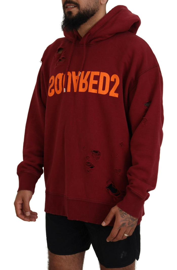 Dsquared² Maroon Cotton Tattered Hooded Printed Pullover Sweater