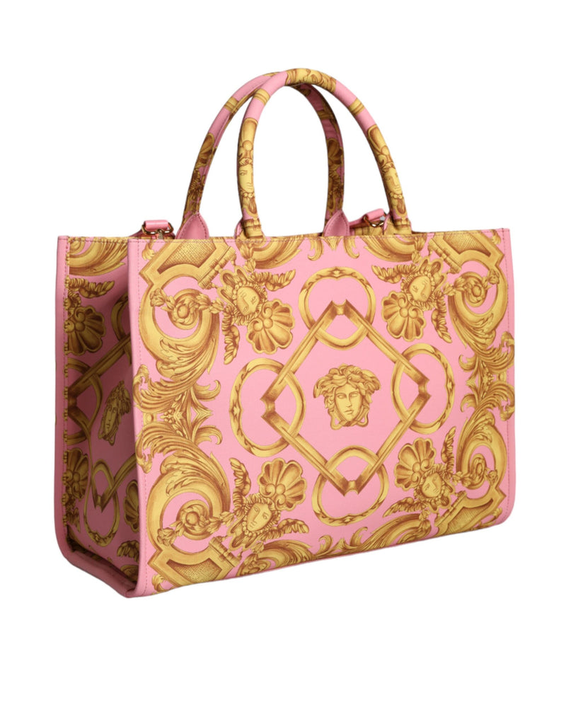 Versace Pink Printed Large Fabric Leather Shopping Tote Bag