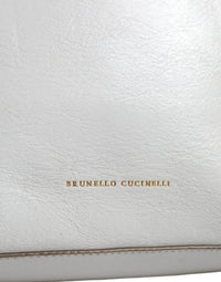 Brunello Cucinelli White Leather Logo Shoulder Strap Shopping Tote Bag