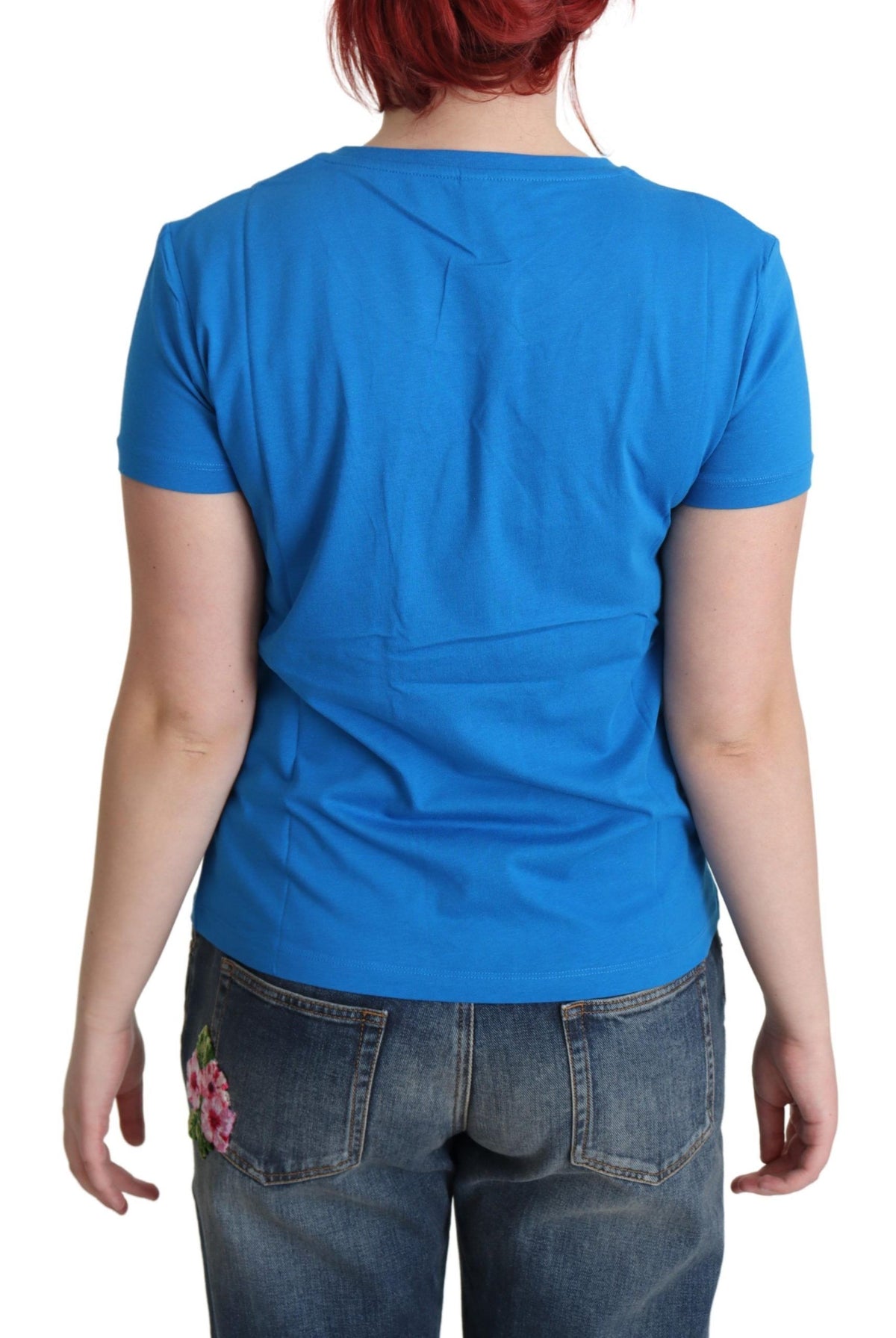 Moschino Chic – Blaues Baumwoll-T-Shirt mit ikonischem Print