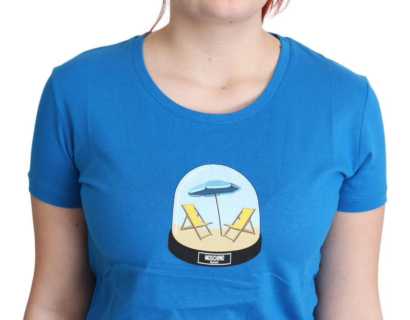 Moschino Chic – Blaues Baumwoll-T-Shirt mit ikonischem Print