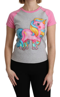 Moschino Chic – Graues Baumwoll-T-Shirt mit Rundhalsausschnitt und rosa Akzenten