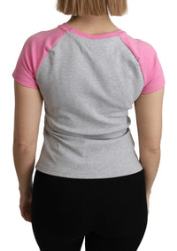 Moschino Chic – Graues Baumwoll-T-Shirt mit Rundhalsausschnitt und rosa Akzenten