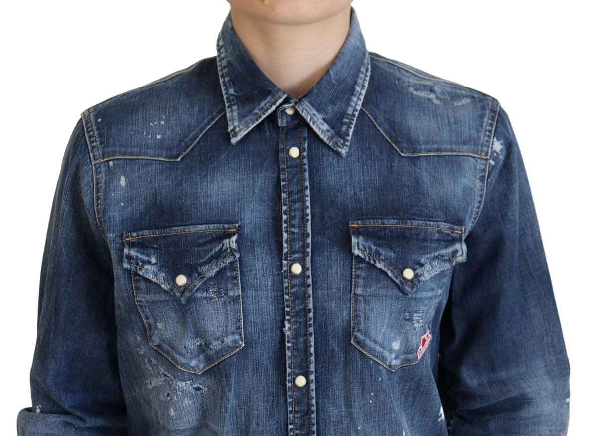 Dsquared² Blue Washed Cotton Button Down Collared Denim Shirt
