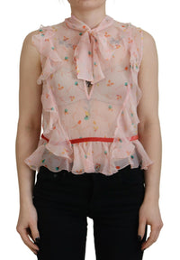 Dsquared² Pink Floral Print Silk Sleeveless Ascot Collar Top