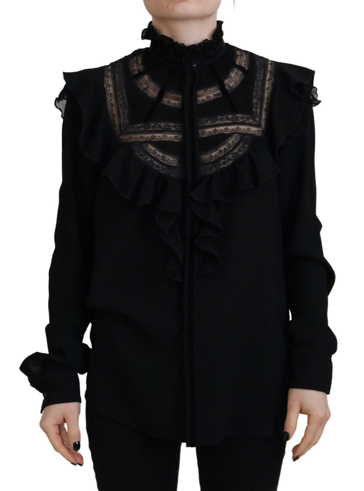 Dsquared² Black Lace Trim Turtle Neck Long Sleeves Top