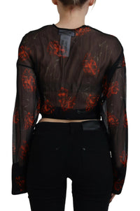 Dsquared² Black Floral Print Cropped Wrap Long Sleeves Top