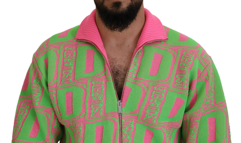 Dsquared² Pink Green Collared Long Sleeves Full Zip Sweater