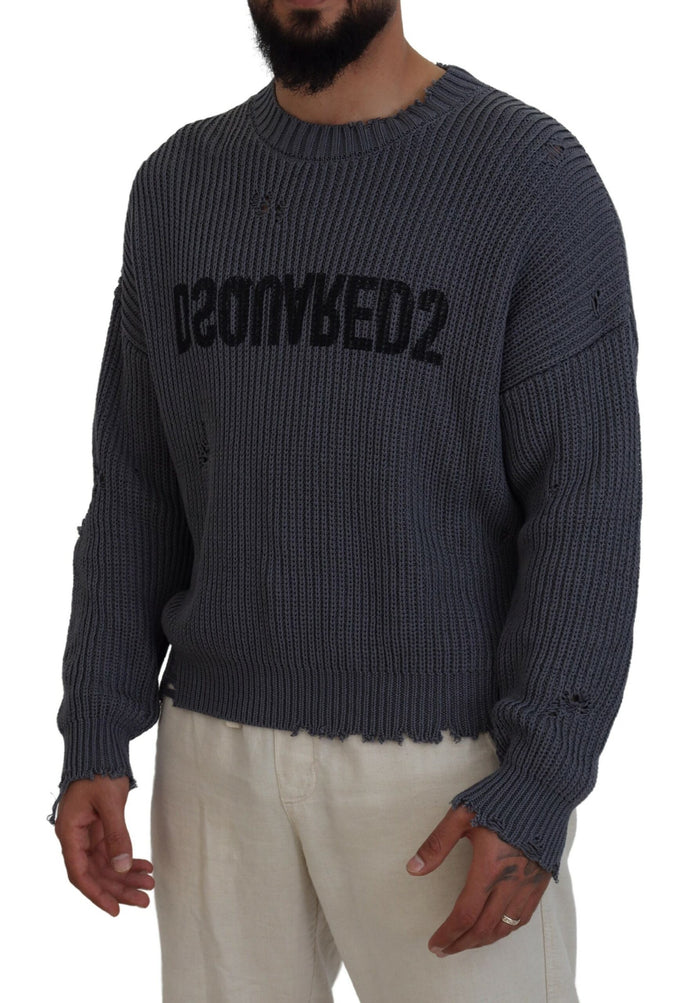Dsquared² Gray Men Tattered Knitted Pullover Sweater