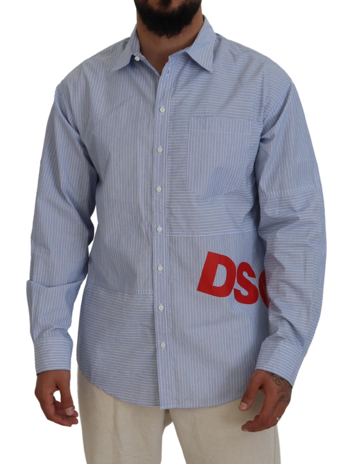 Dsquared² – Formelles Hemd mit langen Ärmeln und blauen Streifen und Logo-Print