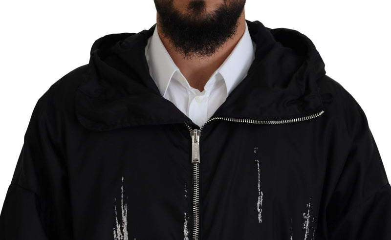 Dsquared² – Langer Mantel aus Nylon mit Kapuze und Print in Schwarz und Weiß