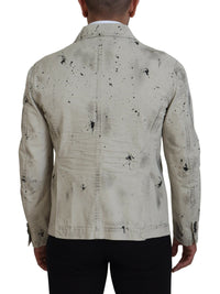 Dsquared² – Lässige Jeansjacke in Off-White mit schwarzem Spritzer-Print