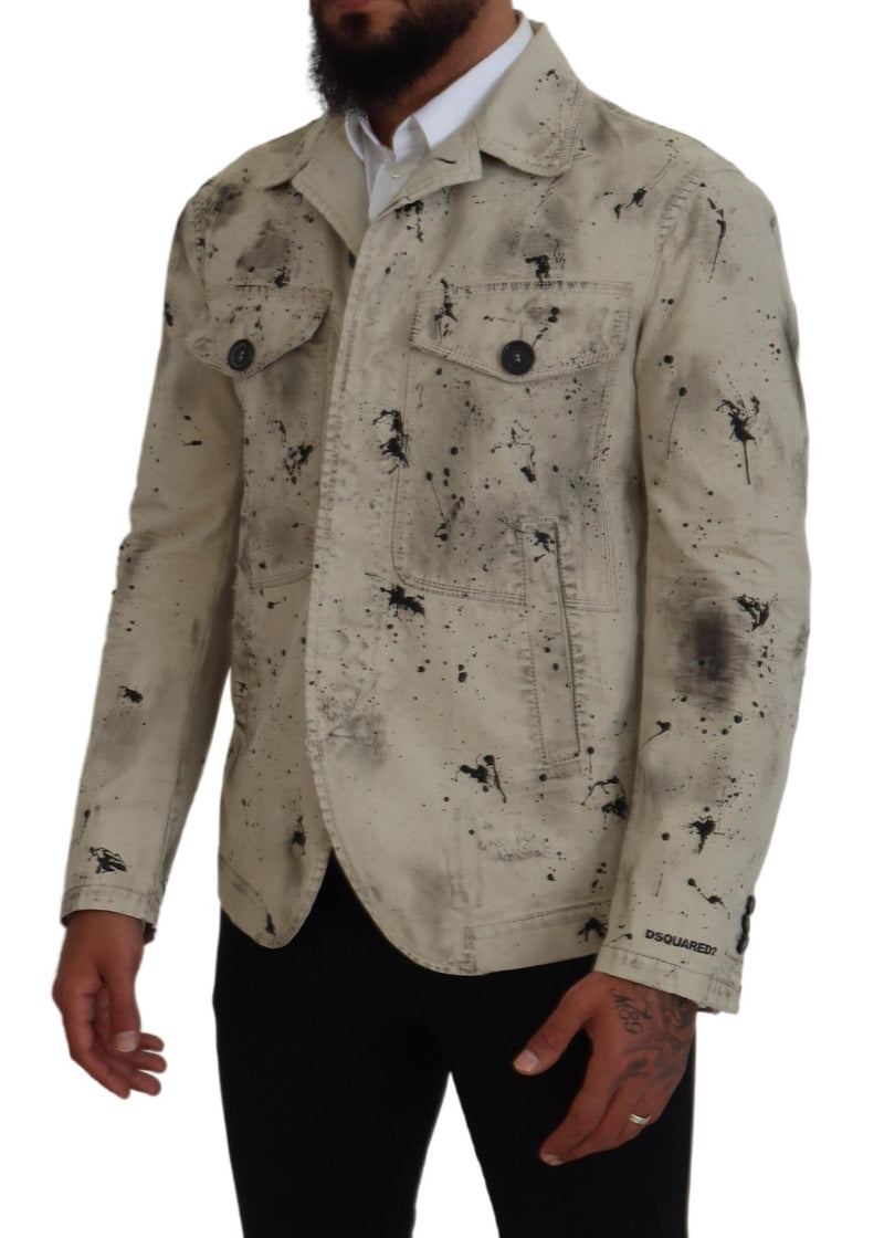 Dsquared² – Lässige Jeansjacke in Off-White mit schwarzem Spritzer-Print