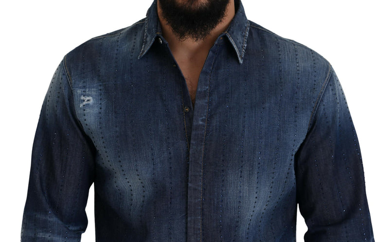 Dsquared² Blue Tattered Crystal Embellished Denim Shirt