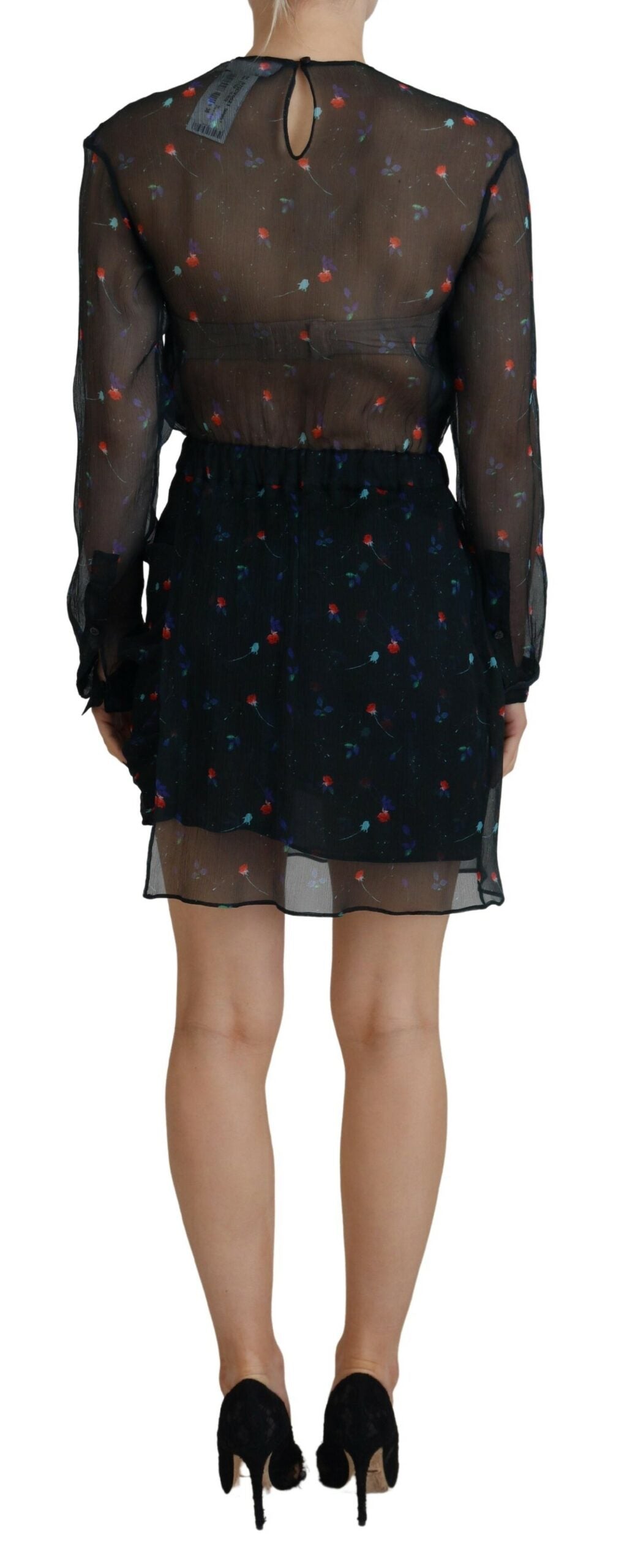 Dsquared² Black Floral Silk Long Sleeves Sheath Mini Dress