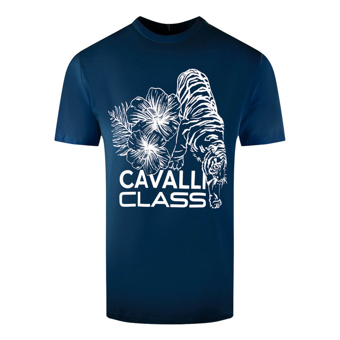 Cavalli Class Floral Tiger Design Light Blue T-Shirt M