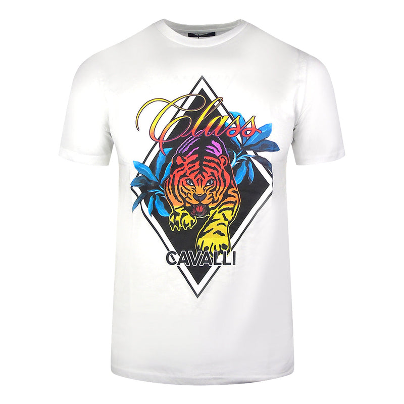 Cavalli Class Diamond Tiger Design White T-Shirt