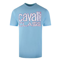 Cavalli Class Bold Floral Logo Light Blue T-Shirt M