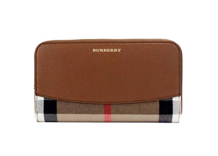 Burberry – Elmore – Kontinentale Clutch aus genarbtem Leder mit House Check-Muster in Hellbraun