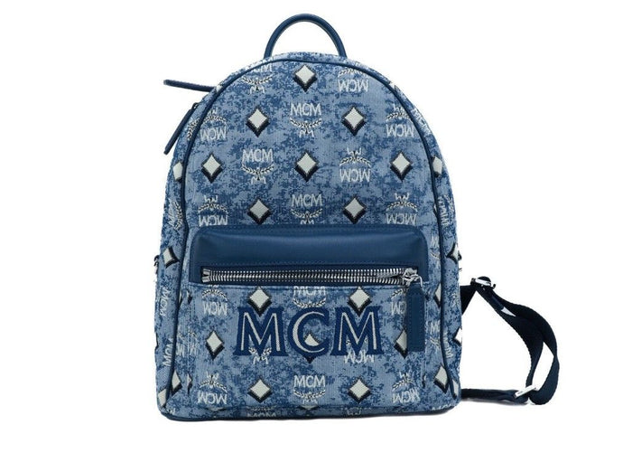 MCM Stark Kleiner blauer Vintage Jacquard-Rucksack aus Stoff mit Monogramm-Logo