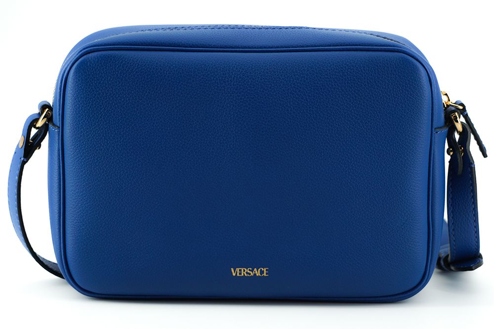 Versace – Elegante Kameratasche aus blauem Kalbsleder