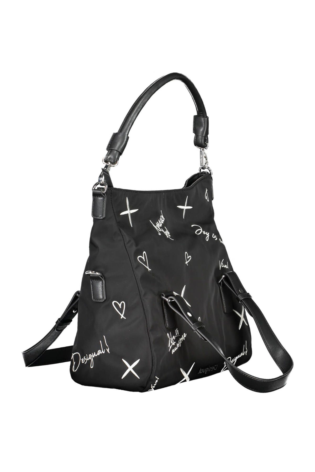 Desigual – Elegante, bestickte schwarze Handtasche mit vielseitigen Riemen