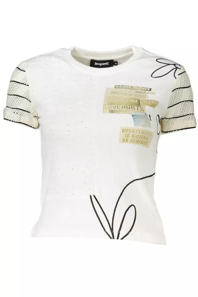 Desigual – Schickes, bedrucktes T-Shirt in Weiß mit Kontrastdetails