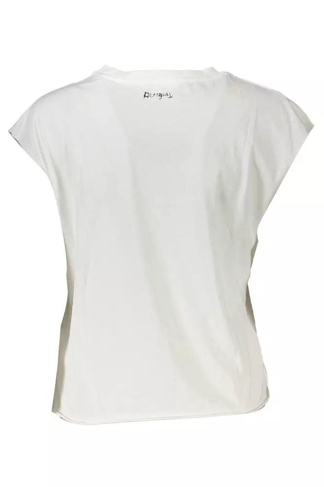 Desigual: Schickes ärmelloses weißes T-Shirt mit Print und Kontrastdetails