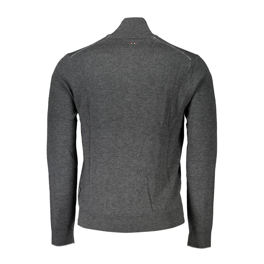 Napapijri – Schicker, grauer Pullover mit halbem Reißverschluss und Stickerei