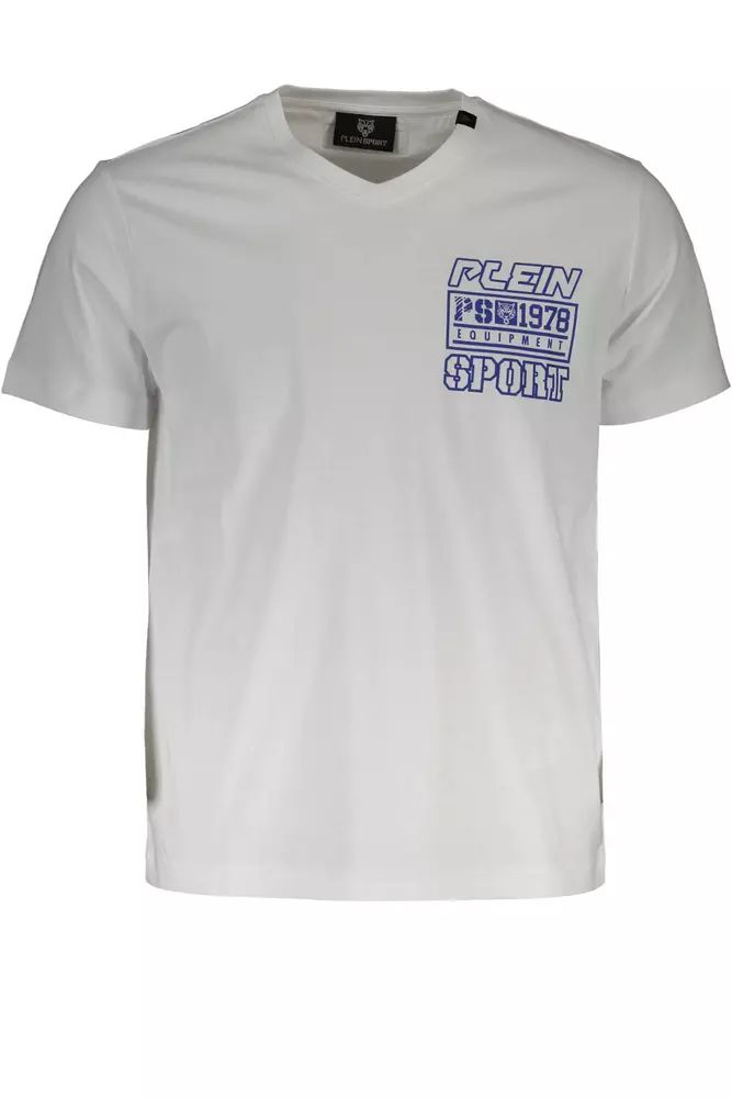 Plein Sport – Weißes T-Shirt mit V-Ausschnitt und Logo und Print
