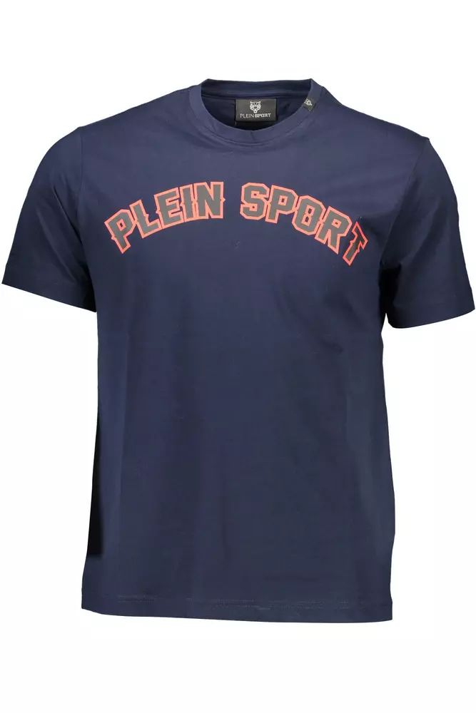 Plein Sport – Schickes blaues T-Shirt mit Rundhalsausschnitt und kontrastierenden Drucken
