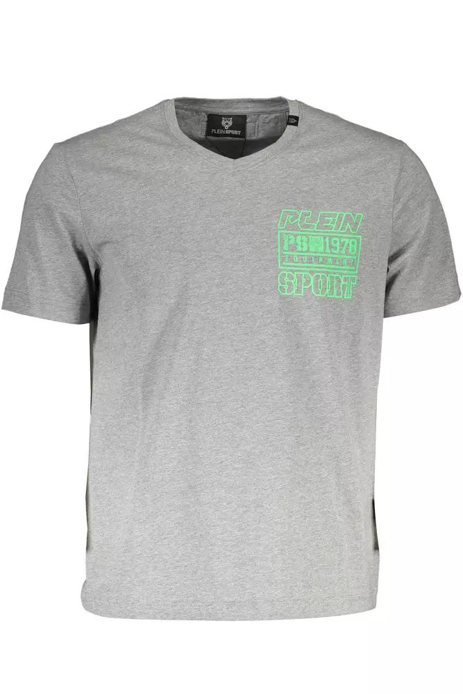 Plein Sport – T-Shirt mit V-Ausschnitt und Logo-Aufdruck in Grau