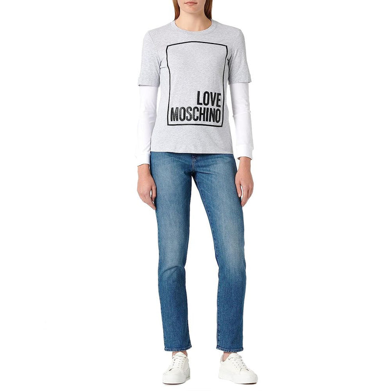 Love Moschino – Schickes, graues Langarm-T-Shirt aus Baumwolle mit Logo
