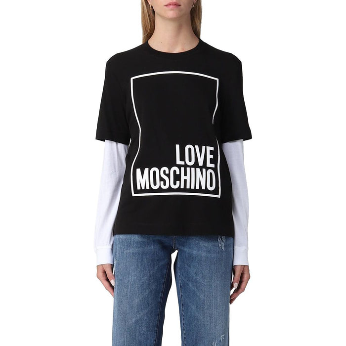Love Moschino – Elegantes schwarzes Baumwoll-T-Shirt mit Kunstleder-Logo