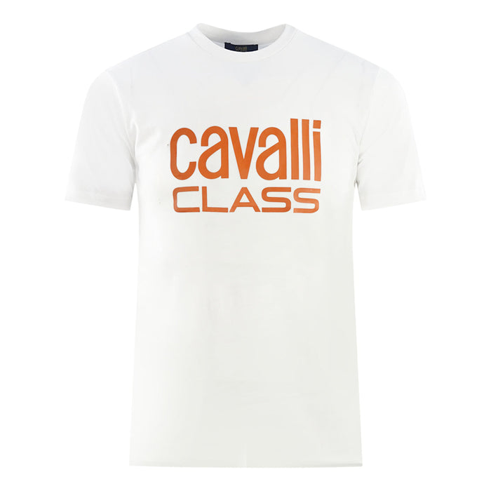 Cavalli Class – T-Shirt mit kräftigem orangefarbenem Logo in Weiß