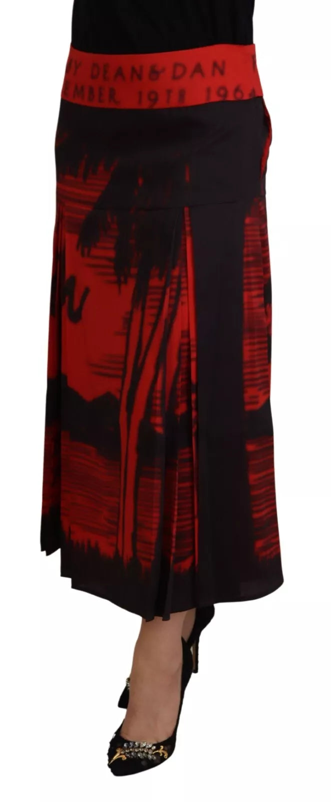 Dsquared² Red Printed High Waist A-line Pleated Midi Skirt