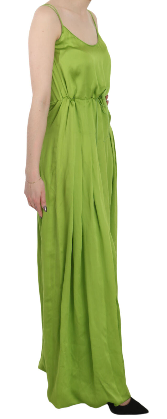 Dsquared² Grünes, langes, plissiertes A-Linien-Kleid mit Spaghettiträgern