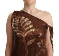 Dsquared² Brown Leaf Sequined Shift One Shoulder Long Dress