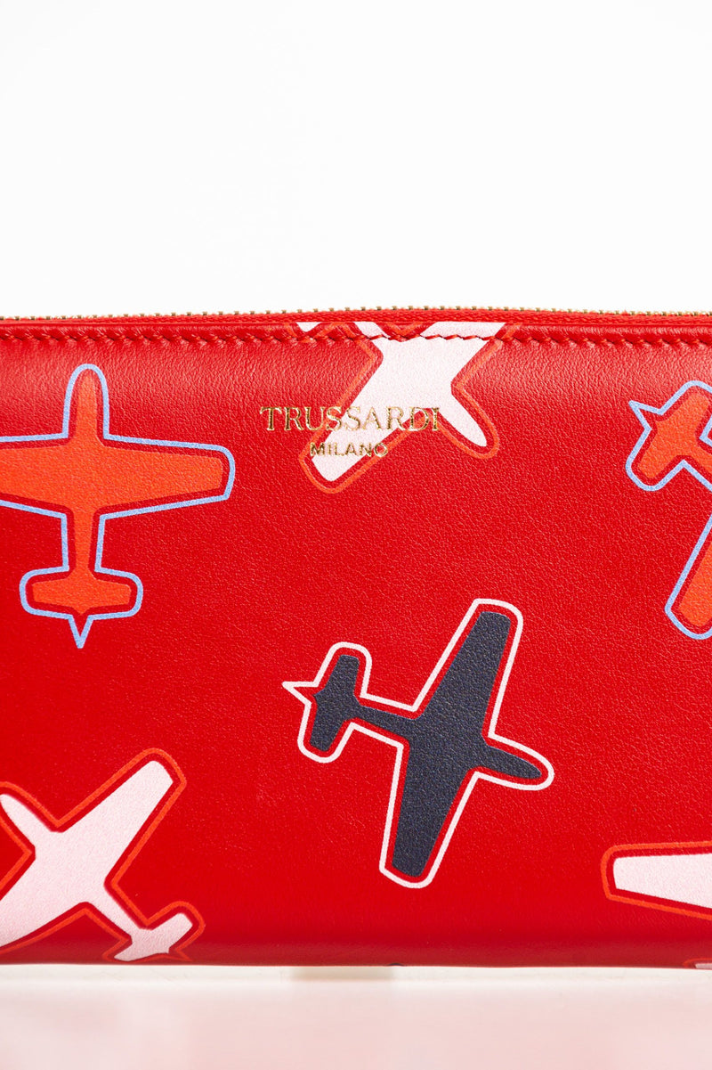Trussardi Chic Geldbörse aus rotem Leder mit Flugzeug-Print