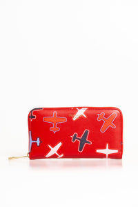 Trussardi Chic Geldbörse aus rotem Leder mit Flugzeug-Print